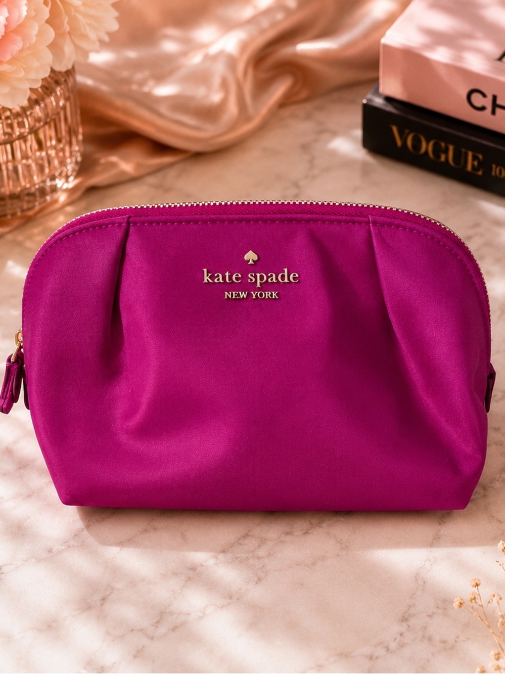 kate spade Magenta Nylon Cosmetic Pouch with Gold Logo